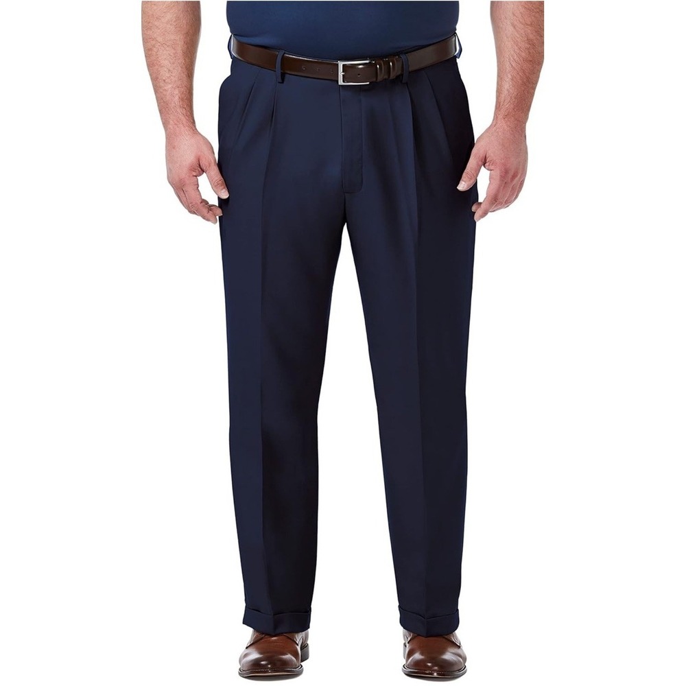 Haggar Premium Comfort Classic Fit Pleat Front Dress Pants 40x30 Navy Blue